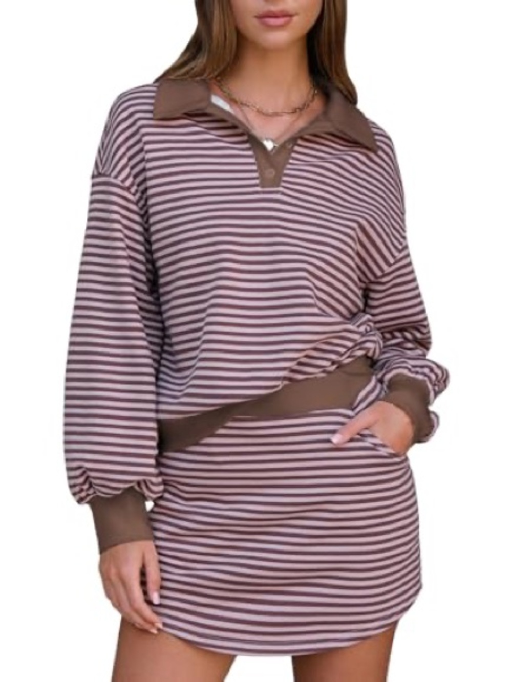 Striped Long Sleeve Polo Sweatshirt & Matching Skort Set - Brown/White Size L